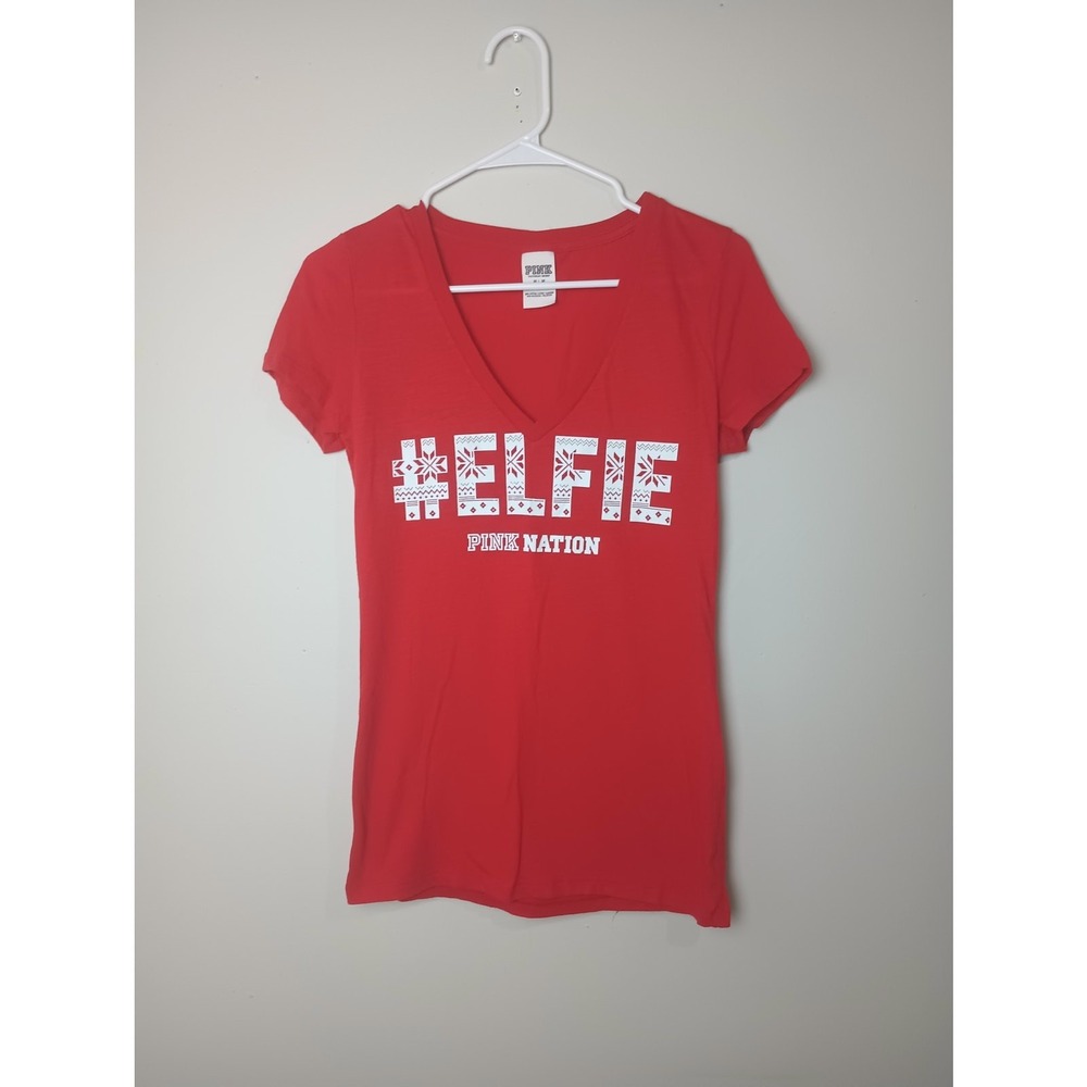 Pink Victoria's Secret Red Elfie Christmas V Neck T-shirt Y2K Women M‎ Fitted